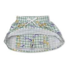 Load image into Gallery viewer, Yellow purple bow green plaid girls mardi gras skirt