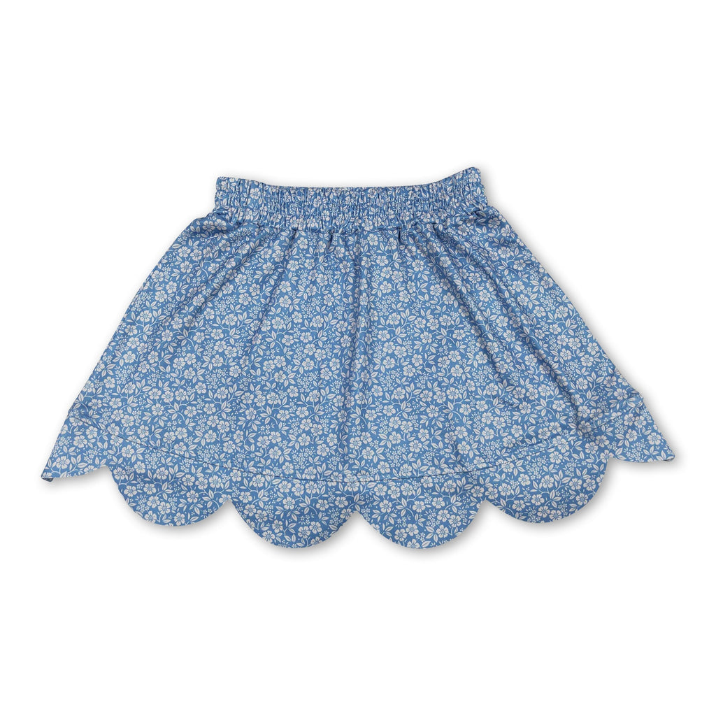 Blue floral elastic waist scallop kids girls skirts