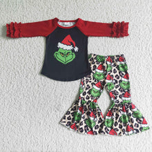 Load image into Gallery viewer, Black green face raglan leopard bell bottom pants girls Christmas clothing