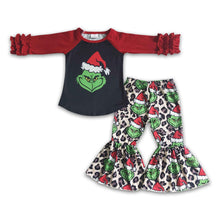 Load image into Gallery viewer, Black green face raglan leopard bell bottom pants girls Christmas clothing