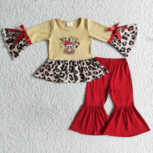 Load image into Gallery viewer, Reindeer embroidery leopard peplum red pants girls Christmas set