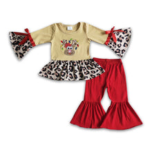 Load image into Gallery viewer, Reindeer embroidery leopard peplum red pants girls Christmas set