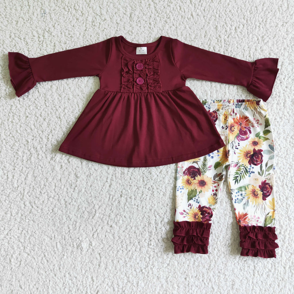 Maroon cotton tunic floral leggings girls fall outfits