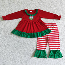Load image into Gallery viewer, Red green face embroidery tunic ruffle pants girls Christmas outfits