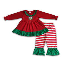 Load image into Gallery viewer, Red green face embroidery tunic ruffle pants girls Christmas outfits