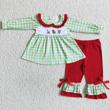 Load image into Gallery viewer, Green face embroidery plaid tunic ruffle pans girls Christmas clothing
