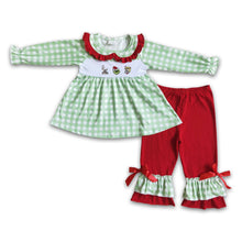 Load image into Gallery viewer, Green face embroidery plaid tunic ruffle pans girls Christmas clothing