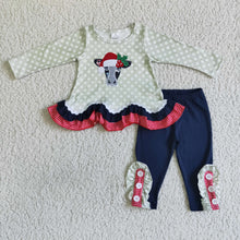 Load image into Gallery viewer, Cow embroidery ruffle runic leggings girls Christmas outfits