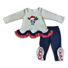 Load image into Gallery viewer, Cow embroidery ruffle runic leggings girls Christmas outfits