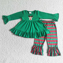 Load image into Gallery viewer, Reindeer embroidery tunic stripe pants kids girls Christmas clothes