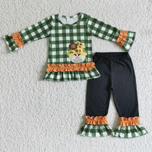 Load image into Gallery viewer, Plaid shirt scarecrow embroidery shirt ruffle pants girls fall clothes
