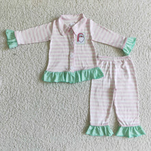 Load image into Gallery viewer, Pink stripe santa embroidery baby girls Christmas pajamas