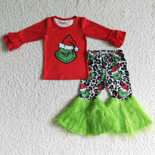 Load image into Gallery viewer, Green face red shirt faux fur bell bottom pants girls Christmas clothes