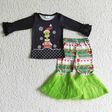 Load image into Gallery viewer, Green face black shirt faux fur bell bottom pants girls Christmas clothes