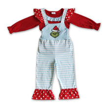 Load image into Gallery viewer, Red cotton top green face stripe overalls kids Christmas set