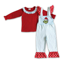 Load image into Gallery viewer, Red cotton top green face stripe overalls kids Christmas set