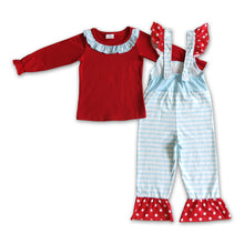 Load image into Gallery viewer, Red cotton top green face stripe overalls kids Christmas set