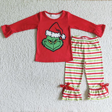Load image into Gallery viewer, Green face shirt stripe ruffle pants kids Christmas clothing