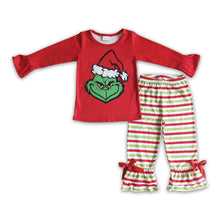 Load image into Gallery viewer, Green face shirt stripe ruffle pants kids Christmas clothing