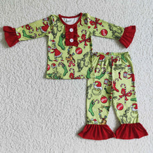 Load image into Gallery viewer, Green face merry Christmas kids girls pajamas