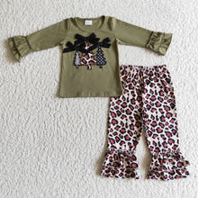 Load image into Gallery viewer, Christmas tree embroidery olive shirt leopard pants girls clothes
