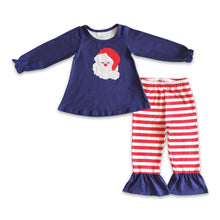 Load image into Gallery viewer, Navy santa tunic stripe pants girls Christmas clothing set