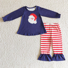 Load image into Gallery viewer, Navy santa tunic stripe pants girls Christmas clothing set