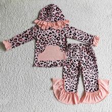 Load image into Gallery viewer, Pink leopard hoodie ruffle pocket pants girls clothing set