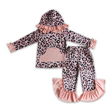 Load image into Gallery viewer, Pink leopard hoodie ruffle pocket pants girls clothing set