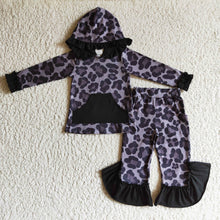 Load image into Gallery viewer, Black leopard hoodie pocket ruffle pants girls fall clothing