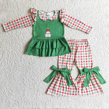 Load image into Gallery viewer, Snowman red green plaid girls Christmas clothes