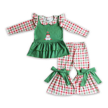 Load image into Gallery viewer, Snowman red green plaid girls Christmas clothes