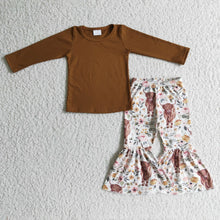 Load image into Gallery viewer, Brown cotton top highland cow pants girls fall clothing set
