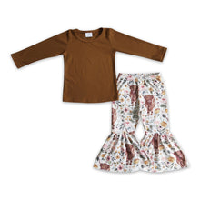 Load image into Gallery viewer, Brown cotton top highland cow pants girls fall clothing set