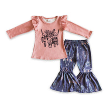 Load image into Gallery viewer, Bull skull feather print kids girls clothing set