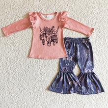 Load image into Gallery viewer, Bull skull feather print kids girls clothing set