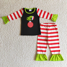 Load image into Gallery viewer, Jingle bell embroidery green face kids girls Christmas pajamas