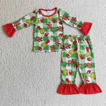 Load image into Gallery viewer, Green face plaid kids girls Christmas pajamas