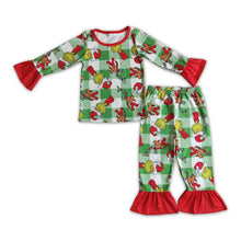 Load image into Gallery viewer, Green face plaid kids girls Christmas pajamas