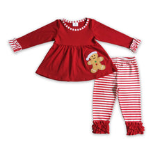 Load image into Gallery viewer, Gingerbread embroidery tunic stripe leggings girls Christmas set