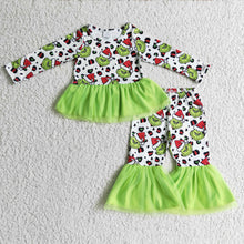 Load image into Gallery viewer, Green face leopard tulle kids girls Christmas clothing set