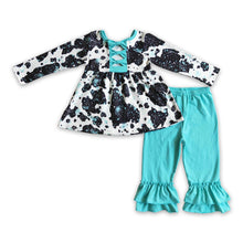 Load image into Gallery viewer, Cow tunic turquoise ruffle pants girls clothes