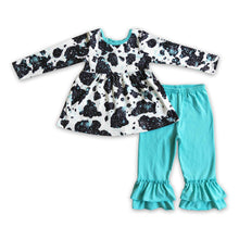 Load image into Gallery viewer, Cow tunic turquoise ruffle pants girls clothes