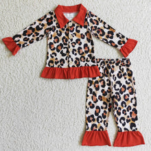 Load image into Gallery viewer, Leopard long sleeves girls ruffle pajamas