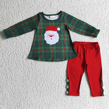 Load image into Gallery viewer, Green red plaid santa embroidery red leggings girls Christmas clothes