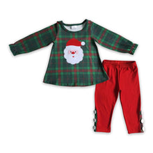 Load image into Gallery viewer, Green red plaid santa embroidery red leggings girls Christmas clothes