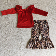 Load image into Gallery viewer, Red velvet shirt leopard pants girls fall winter clothes
