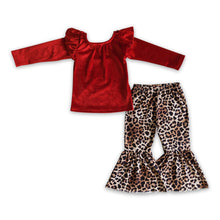 Load image into Gallery viewer, Red velvet shirt leopard pants girls fall winter clothes