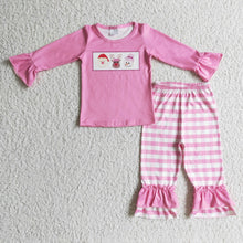 Load image into Gallery viewer, Santa deer snowman shirt plaid pants pink girls Christmas clothes