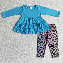 Load image into Gallery viewer, Blue cotton ruffle tunic leopard leggings girls clothes